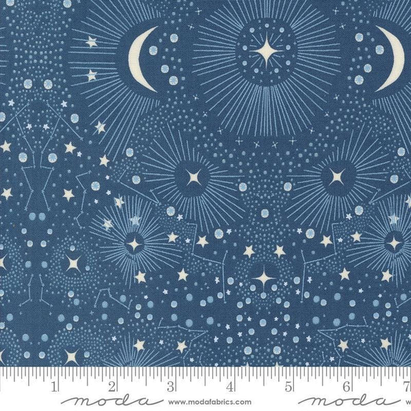 Woodland Wonder Celestial Dusk quilting cotton fabric by Gingiber for Moda Fabrics. Features stars, moons, and constellations on a blue background. 
Cute Little Fabric Shop