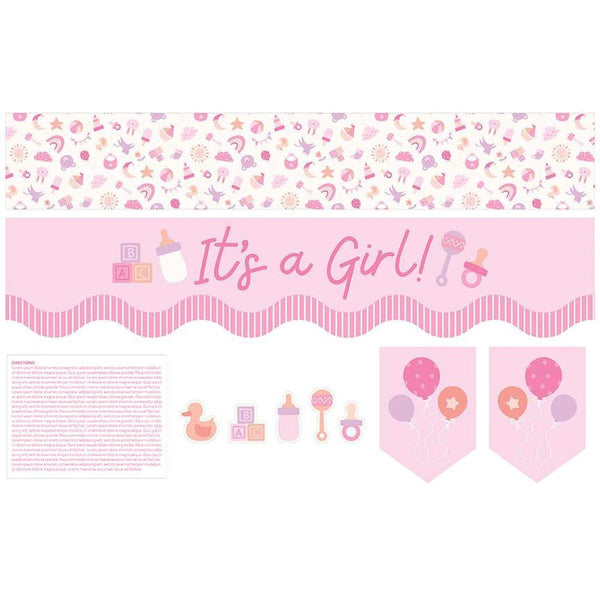 Image of the Mantel Runner of the Month & More Home Decor Panel It&#39;s a Girl by Tara Reed for Riley Blake Designs. Features a runner panel with It&#39;s a Girl on it. 
Cute Little Fabric Shop