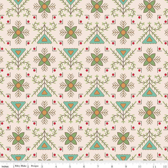 Image of the Home Town Holiday Stitchery Basil quilting cotton wide back fabric by Lori Holt for Riley Blake Designs. Features a damask-type design with flowers and leaves on a light pink beige background. 
Cute Little Fabric Shop