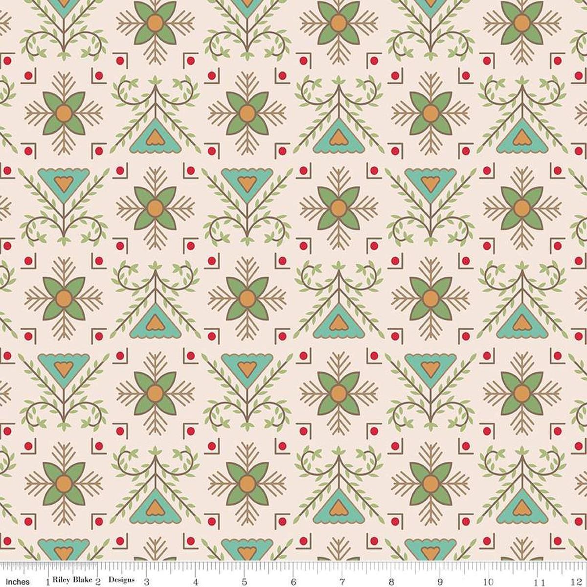 Image of the Home Town Holiday Stitchery Basil quilting cotton wide back fabric by Lori Holt for Riley Blake Designs. Features a damask-type design with flowers and leaves on a light pink beige background. 
Cute Little Fabric Shop