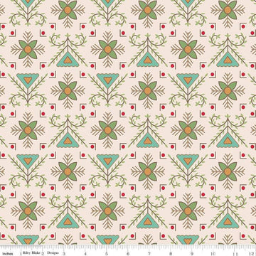 Image of the Home Town Holiday Stitchery Basil quilting cotton wide back fabric by Lori Holt for Riley Blake Designs. Features a damask-type design with flowers and leaves on a light pink beige background. 
Cute Little Fabric Shop