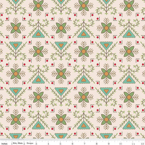 Image of the Home Town Holiday Stitchery Basil quilting cotton wide back fabric by Lori Holt for Riley Blake Designs. Features a damask-type design with flowers and leaves on a light pink beige background. 
Cute Little Fabric Shop