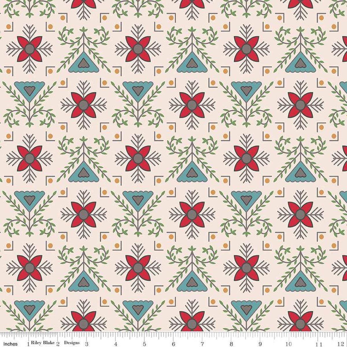 Image of the Home Town Holiday Stitchery Schoolhouse quilting cotton wide back fabric by Lori Holt for Riley Blake Designs. Features a damask-type design with flowers and leaves on a tan pink background. 
Cute Little Fabric Shop