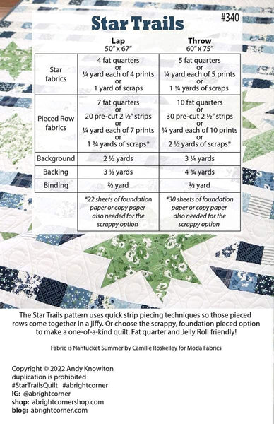 Image of the Star Trails quilt pattern by A Bright Corner for Riley Blake Designs. Features the fabric requirements to construct the quilt. 
Cute Little Fabric Shop