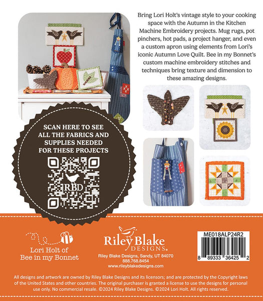 Image of the Machine Embroidery Autumn in the Kitchen Projects by Lori Holt for Riley Blake Designs. Features image of the projects and a QR code to see all the supplies needed. 
Cute Little Fabric Shop