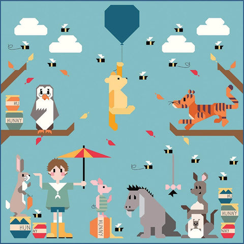 Image of the 100 Acre Wood Quilt Kit by Art East Quilting Co. using Lori Holt fabrics by Riley Blake Designs. Features Winnie-the-Pooh animals on a quilt. 
Cute Little Fabric Shop