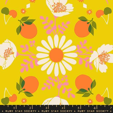 Image of the Juicy Retro Fruit Golden Hour quilting cotton fabric by Melody Miller for Ruby Star Society, distributed by Moda Fabrics. Features flowers, fruit, and leaves on a bright yellow background. 
Cute Little Fabric Shop