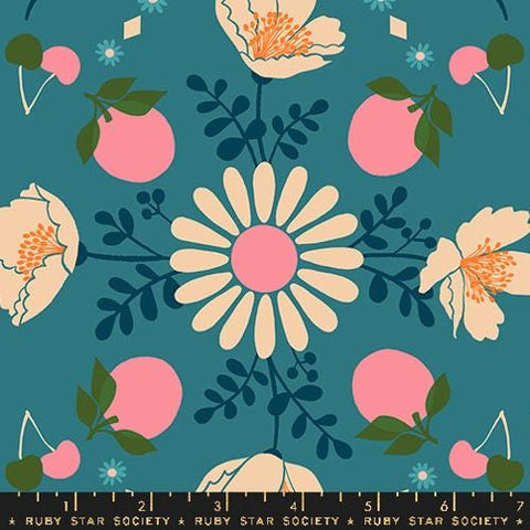 Image of the Juicy Retro Fruit Storytime quilting cotton fabric by Melody Miller for Ruby Star Society, distributed by Moda Fabrics. Features flowers, fruit, and leaves on a dark blue background. 
Cute Little Fabric Shop