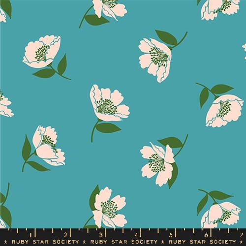 Image of the Juicy Floral Dark Turquoise quilting cotton fabric by Melody Miller for Ruby Star Society, distributed by Moda Fabrics. Features flowers on a teal blue background. 
Cute Little Fabric Shop