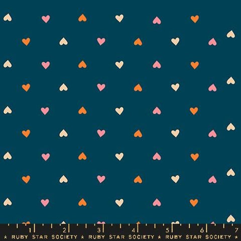 Image of the Juicy Hearts Galaxy quilting cotton fabric by Melody Miller for Ruby Star Society, distributed by Moda Fabrics. Features small red hearts on a dark turquoise background. 
Cute Little Fabric Shop