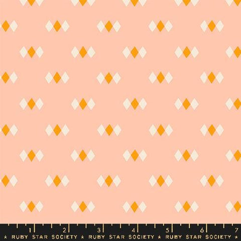 Image of the Juicy Diamonds Peach quilting cotton fabric by Melody Miller for Ruby Star Society, distributed by Moda Fabrics. Features small white diamonds on a peach pink background. 
Cute Little Fabric Shop