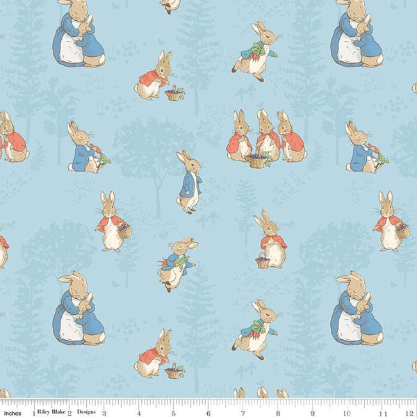 Image of the Flannel The Tale of Peter Rabbit Main Blue flannel cotton fabric by Beatrix Potter for Riley Blake Designs. Features characters on a blue background. 
Cute Little Fabric Shop