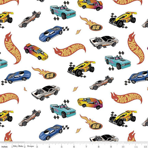 Image of the Flannel Hot Wheels Made to Race White flannel cotton fabric by Riley Blake Designs. Features hot wheels logos and cars on a white background. 
Cute Little Fabric Shop