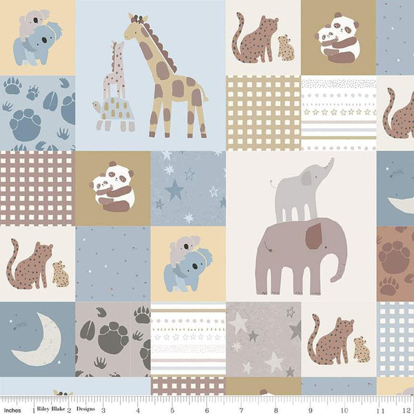 Image of the Flannel Safari Stargazing Boy Cheater Print Multi flannel fabric by Riley Blake Designs. Features patchwork animals on various backgrounds. 
Cute Little Fabric Shop