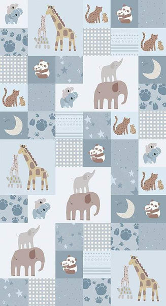 Image of the Flannel Safari Stargazing Boy Cheater Print Blue flannel fabric by Riley Blake Designs. Features patchwork animals on various backgrounds. 
Cute Little Fabric Shop