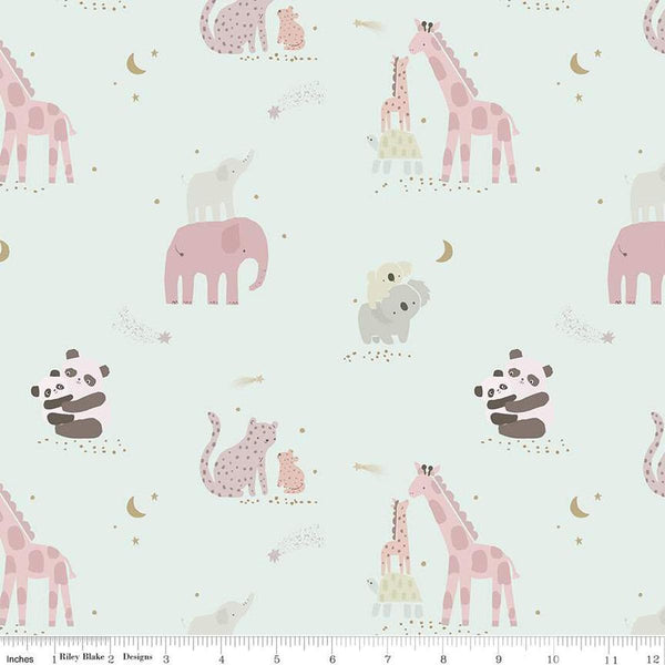 Image of the Flannel Safari Stargazing Girl Main Mist flannel fabric by Riley Blake Designs. Features animals on a light mint background. 
Cute Little Fabric Shop