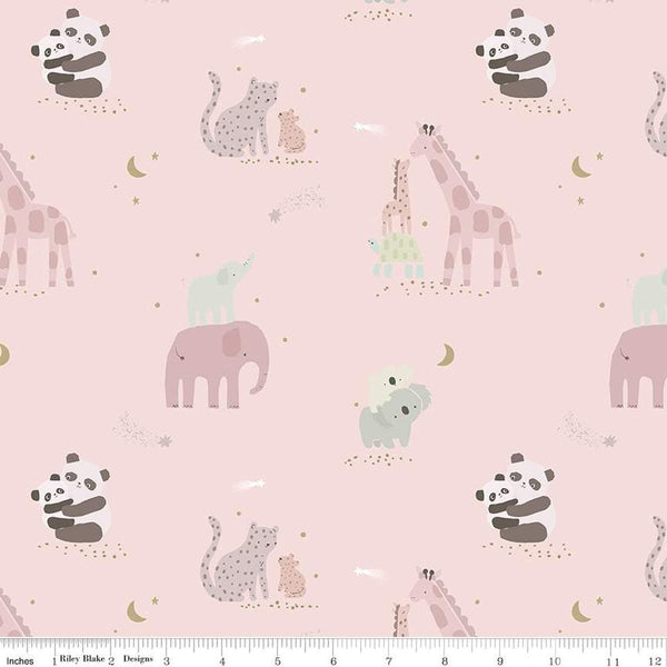 Image of the Flannel Safari Stargazing Girl Main Pink flannel fabric by Riley Blake Designs. Features animals on a light pink background. 
Cute Little Fabric Shop