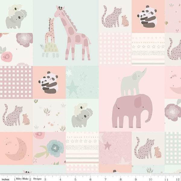 Image of the Flannel Safari Stargazing Girl Cheater Print Multi flannel fabric by the RBD Designers for Riley Blake Designs. Features patchwork animals on various colored backgrounds. 
Cute Little Fabric Shop