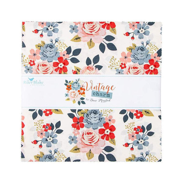 Image of the Vintage Charm 10 inch stacker by Dani Mogstad for Riley Blake Designs. Features white, red, and blue fabrics with floral patterns. 
Cute Little Fabric Shop