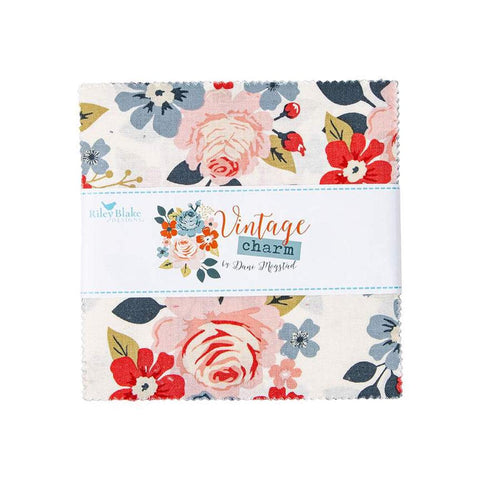 Image of the Vintage Charm 5 inch stacker by Dani Mogstad for Riley Blake Designs. Features white, red, and blue fabrics with floral patterns. 
Cute Little Fabric Shop