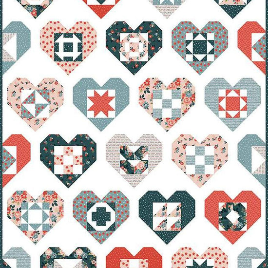 Image of the Wholehearted Quilt Boxed Kit by Dani Mogstad for Riley Blake Designs. Features a quilt with hearts on a white background. 
Cute Little Fabric Shop