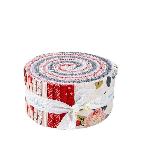 Image of the Vintage Charm Rolie Polie by Dani Mogstad for Riley Blake Designs. Features white, red, and blue fabrics with floral patterns. 
Cute Little Fabric Shop