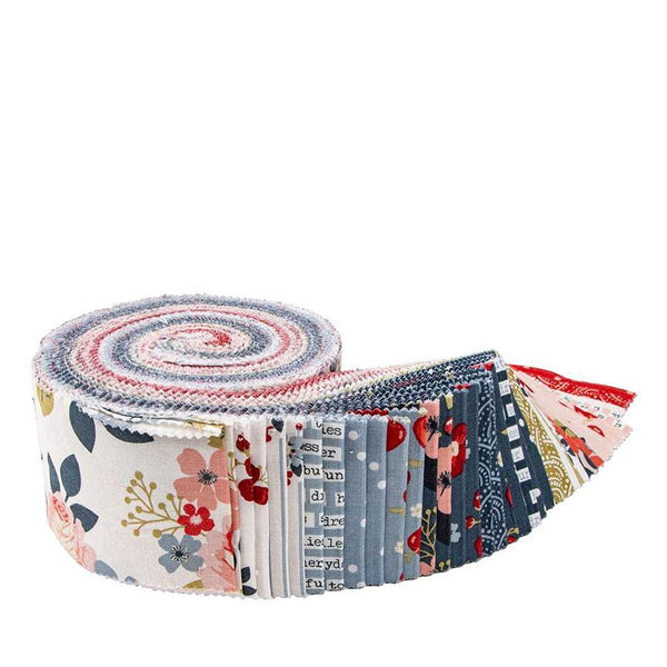 Image of the Vintage Charm Rolie Polie by Dani Mogstad for Riley Blake Designs. Features white, red, and blue fabrics with floral patterns. 
Cute Little Fabric Shop