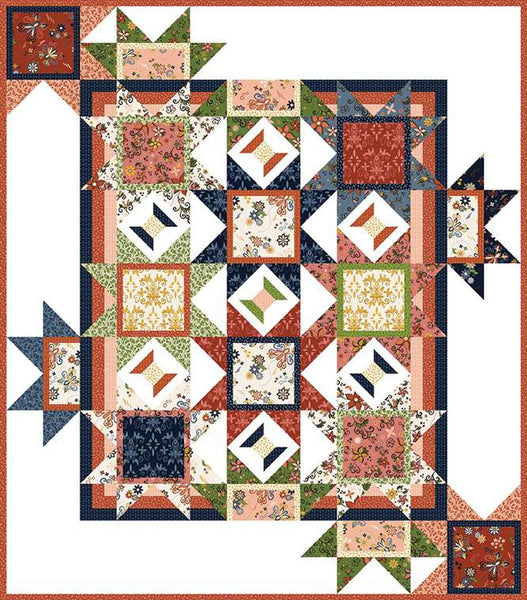 Image of the Stars &#39;n&#39; Bobbins quilt pattern by Judy Madsen for Riley Blake Designs. Features tread spools and star blocks on a quilt. 
Cute Little Fabric Shop