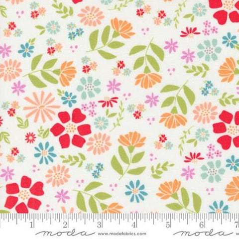 Image of the Laguna Sunrise Main Off White quilting cotton fabric by Sherri & Chelsi for Moda Fabrics. Features large colorful flowers on a white background. 
Cute Little Fabric Shop
