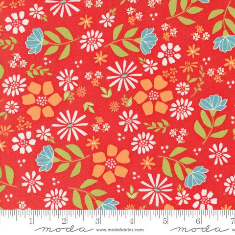 Image of the Laguna Sunrise Main Geranium quilting cotton fabric by Sherri & Chelsi for Moda Fabrics. Features large colorful flowers on a red background. 
Cute Little Fabric Shop