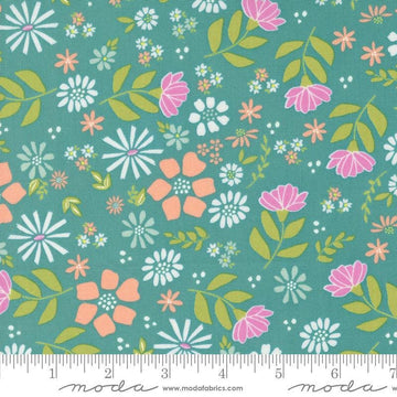 Image of the Laguna Sunrise Main Teal quilting cotton fabric by Sherri & Chelsi for Moda Fabrics. Features large colorful flowers on a teal background. 
Cute Little Fabric Shop
