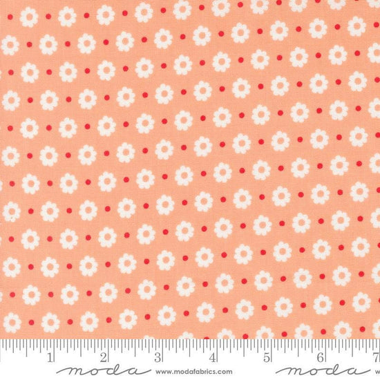 Image of the Laguna Sunrise Floral Dot Off Cantaloupe quilting cotton fabric by Sherri & Chelsi for Moda Fabrics. Features small flowers on a peach background. 
Cute Little Fabric Shop