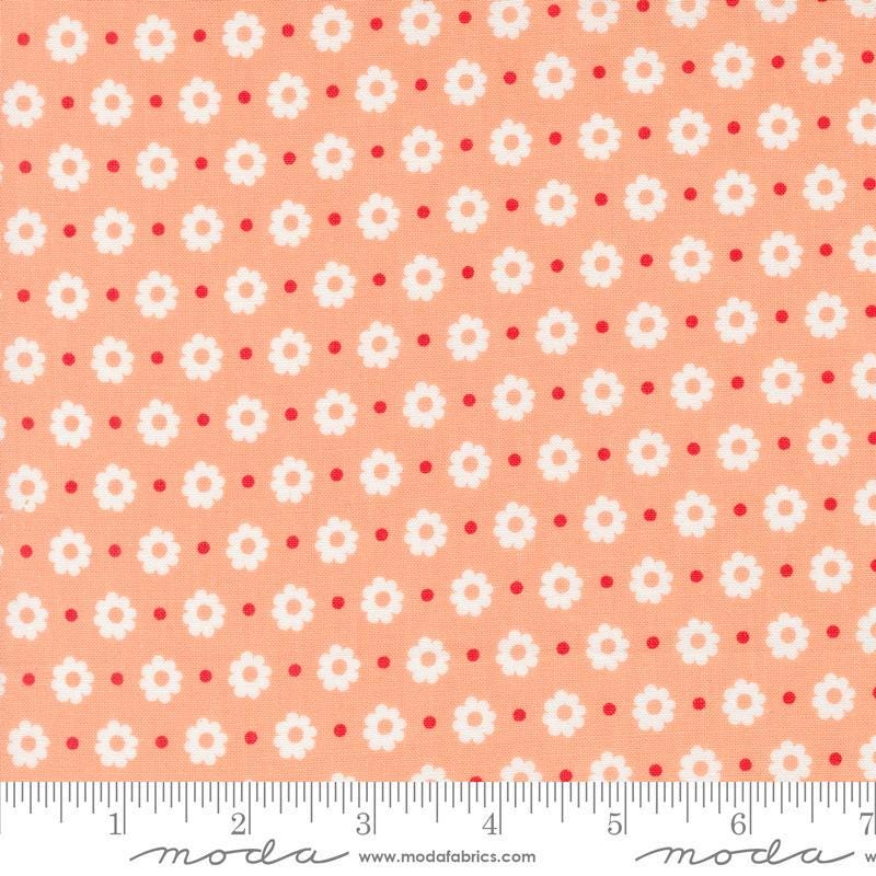 Image of the Laguna Sunrise Floral Dot Off Cantaloupe quilting cotton fabric by Sherri & Chelsi for Moda Fabrics. Features small flowers on a peach background. 
Cute Little Fabric Shop