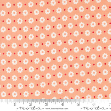 Image of the Laguna Sunrise Floral Dot Off Cantaloupe quilting cotton fabric by Sherri & Chelsi for Moda Fabrics. Features small flowers on a peach background. 
Cute Little Fabric Shop