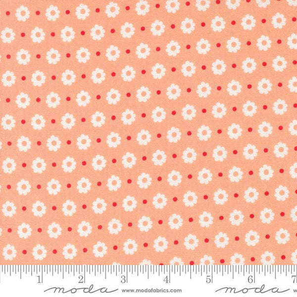 Image of the Laguna Sunrise Floral Dot Off Cantaloupe quilting cotton fabric by Sherri & Chelsi for Moda Fabrics. Features small flowers on a peach background. 
Cute Little Fabric Shop