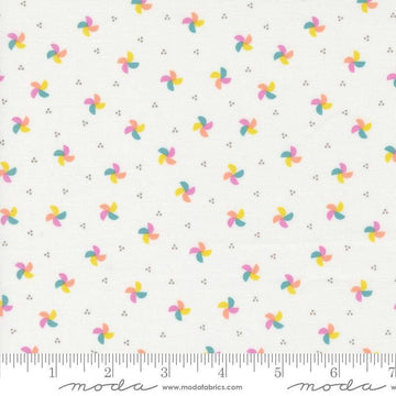 Image of the Laguna Sunrise Pinwheels Off White quilting cotton fabric by Sherri & Chelsi for Moda Fabrics. Features small scattered pinwheels on a white background. 
Cute Little Fabric Shop