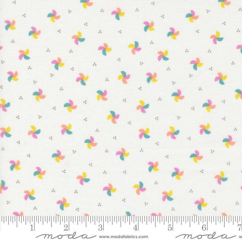 Image of the Laguna Sunrise Pinwheels Off White quilting cotton fabric by Sherri & Chelsi for Moda Fabrics. Features small scattered pinwheels on a white background. 
Cute Little Fabric Shop