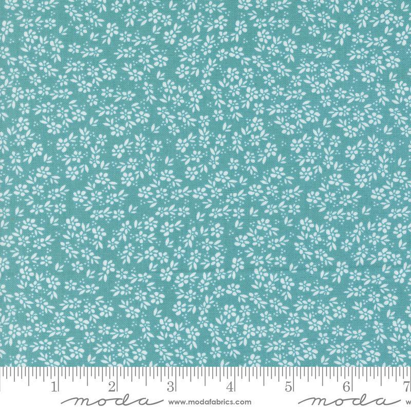 Image of the Laguna Sunrise Small Flowers Teal quilting cotton fabric by Sherri & Chelsi for Moda Fabrics. Features small scattered flowers on a bright teal background. 
Cute Little Fabric Shop