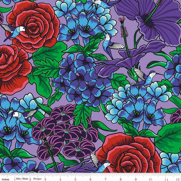 Image of the Botanic Blast Roses Purple quilting cotton fabric by Sew Yeah Quilting for Riley Blake Designs. Features large flowers, roses, and hummingbirds on a purple background.
Cute Little Fabric Shop