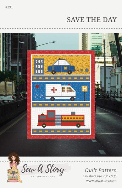 Image of the Save the Day quilt pattern by Jennifer Long for Riley Blake Designs. Features first responder vehicles on yellow, blue and white. 
Cute Little Fabric Shop