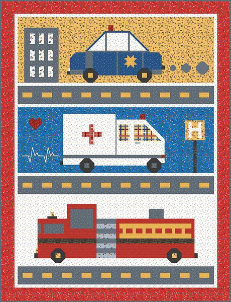 Image of the Save the Day quilt pattern by Jennifer Long for Riley Blake Designs. Features first responder vehicles on yellow, blue and white. 
Cute Little Fabric Shop