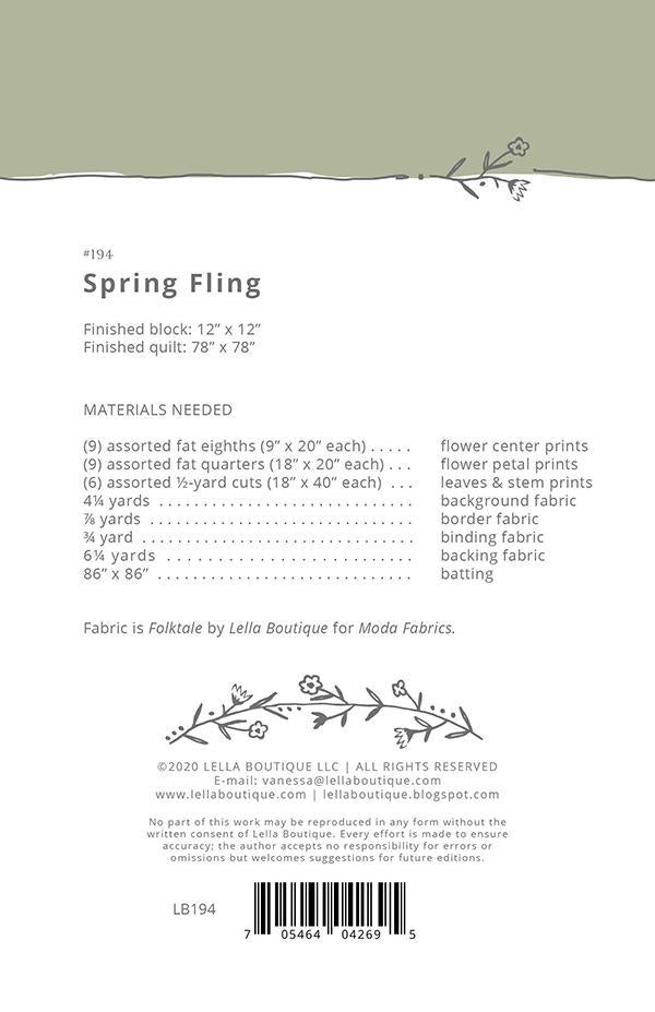 Image of the Spring Fling quilt pattern by Lella Boutique for Moda Fabrics. Features the fabric requirements for the quilt. 
Cute Little Fabric Shop