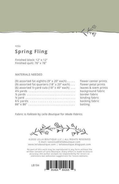 Image of the Spring Fling quilt pattern by Lella Boutique for Moda Fabrics. Features the fabric requirements for the quilt. 
Cute Little Fabric Shop