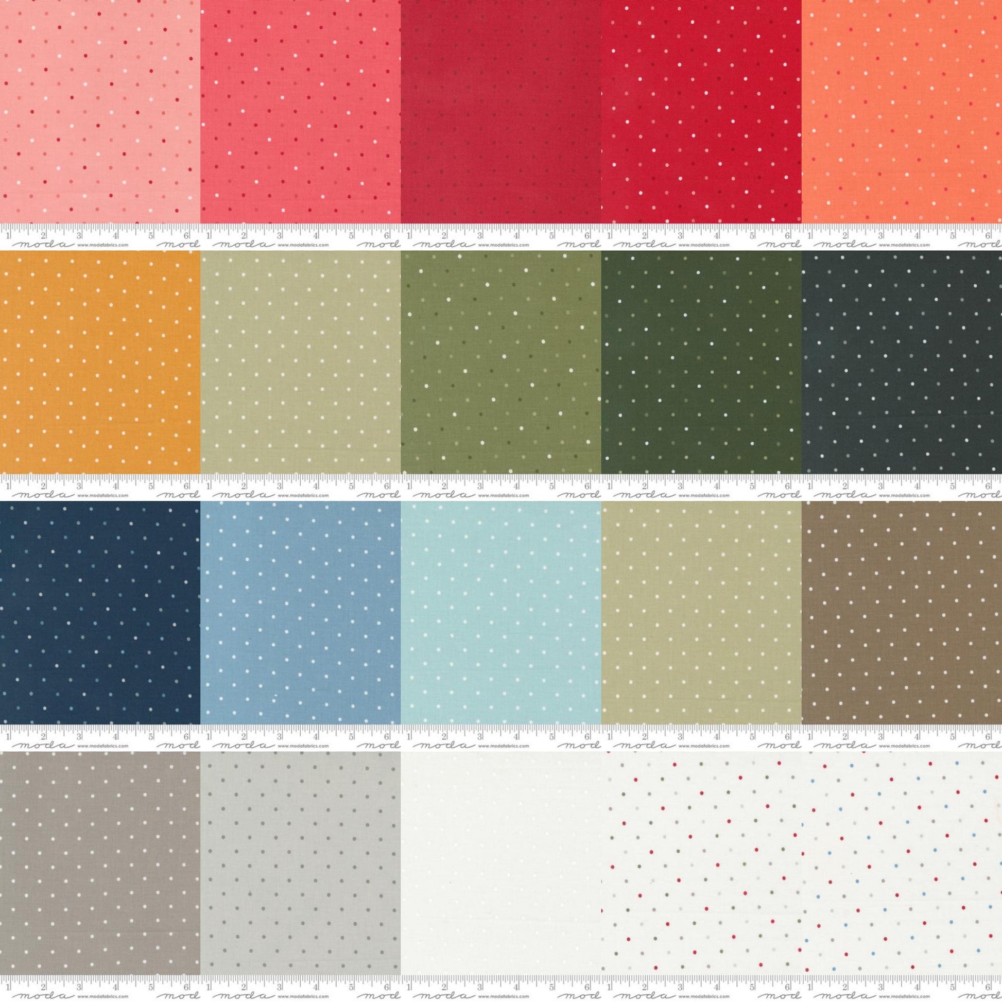 Image of the Magic Dot Jelly Roll by Moda Fabrics. Features multicolored polka dots on various backgrounds in a collage. 
Cute Little Fabric Shop