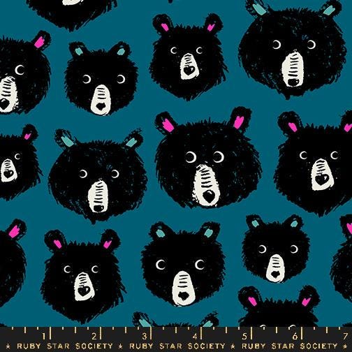 Image of the Teddy and the Bears Bear Heads Thunder quilting cotton fabric by Sarah Watts for Ruby Star Society, distributed by Moda Fabrics. Features various bear heads on a dark teal background. 
Cute Little Fabric Shop