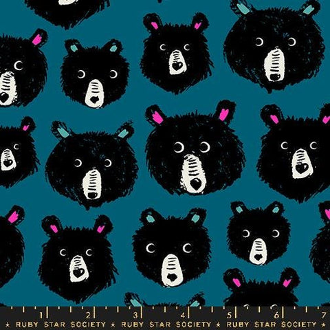 Image of the Teddy and the Bears Bear Heads Thunder quilting cotton fabric by Sarah Watts for Ruby Star Society, distributed by Moda Fabrics. Features various bear heads on a dark teal background. 
Cute Little Fabric Shop