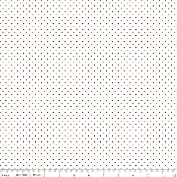 SALE Christmas Flat Swiss Dots on White - Riley Blake Designs - Red and Green Polka Dot - Quilting Cotton Fabric