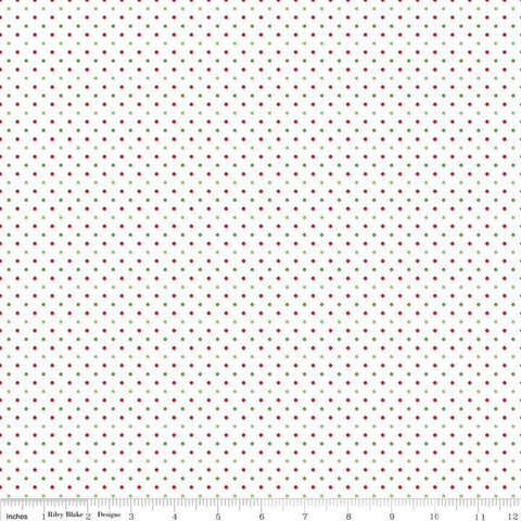 SALE Christmas Flat Swiss Dots on White - Riley Blake Designs - Red and Green Polka Dot - Quilting Cotton Fabric