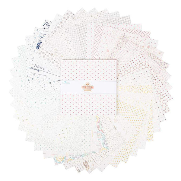 Image of the Bee Bundle Limited Edition Backgrounds 10 inch stacker by Lori Holt for Riley Blake Designs. Features a selection of fabrics with white backgrounds from Lori Holts past collections. 
Cute Little Fabric Shop