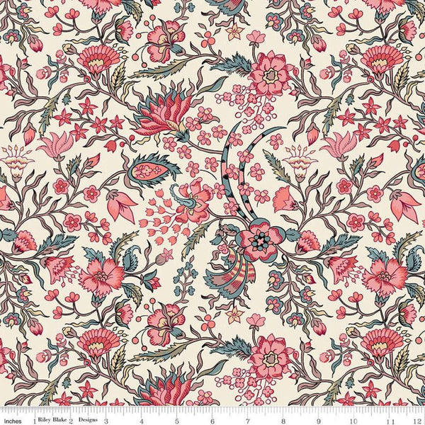 Jane Austen at Home C10000 Elizabeth - Riley Blake Designs - Cream Pink Historical Reproductions Flowers Floral- Quilting Cotton Fabric